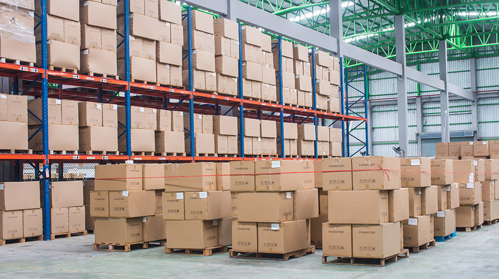 interior of warehouse. Rows of shelves with boxes